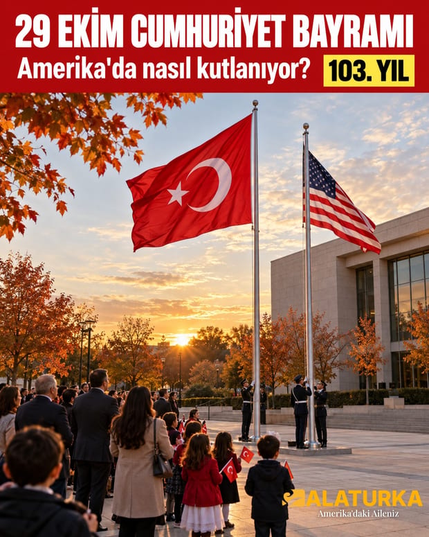 Amerikan şehir meydanında, belediye binası önündeki direkte dalgalanan Türk bayrağı ve bayrak törenini izleyen aileler
