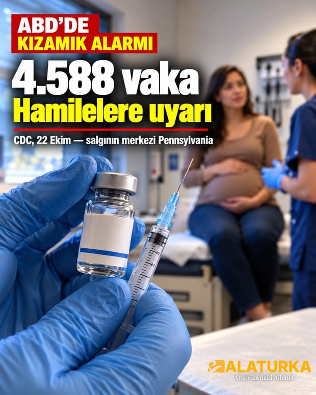 ABD'de bir klinikte kızamık aşısı şişesi ve şırınga, arka planda hamile bir kadın