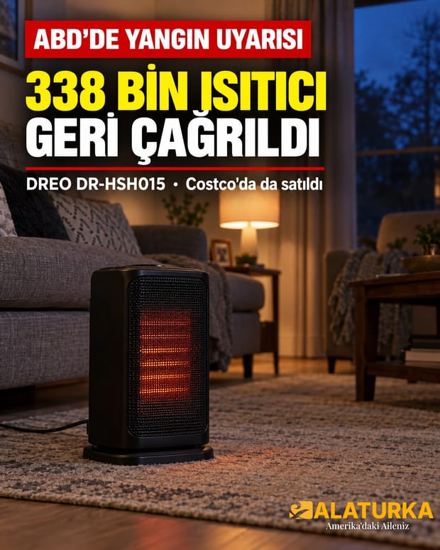 ABD'de evde kullanılan siyah bir DREO seramik ısıtıcı, turuncu kızıl ısıtma ızgarasıyla salonda halının üzerinde yanıyor (temsilî görsel)