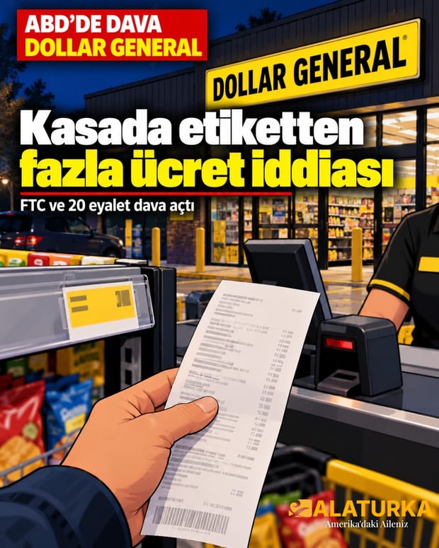 ABD'de Dollar General mağazası önünde kasa fişi tutan el; FTC ve 20 eyalet fazla ücret davası açtı