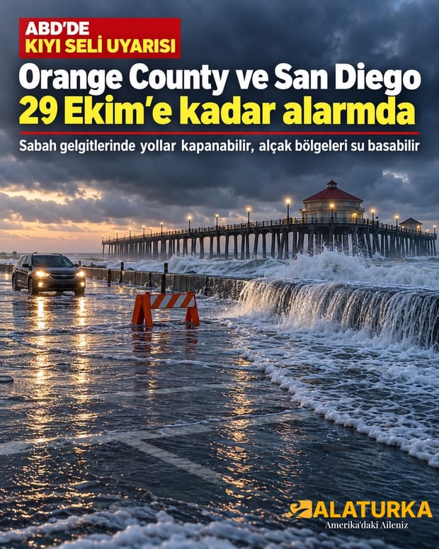 ABD'de Güney Kaliforniya'daki Huntington Beach iskelesi yakınında yüksek gelgitle sahil yoluna taşan deniz suyu