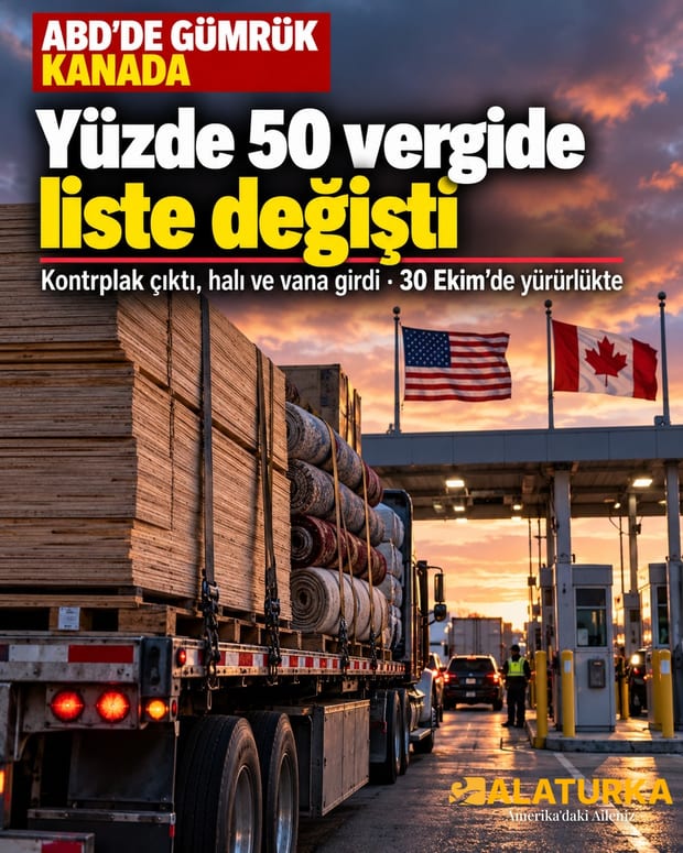ABD-Kanada sınır kapısında kontrplak ve halı yüklü tır, ABD ve Kanada bayrakları