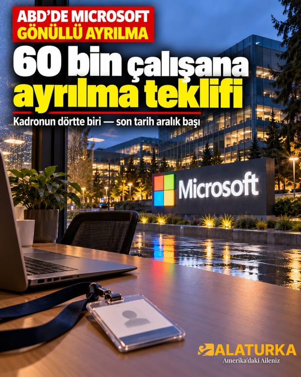 ABD'de Microsoft'un Redmond kampüsündeki logo tabelası ve masada çalışan kartı; 60 bin çalışana gönüllü ayrılma teklifi
