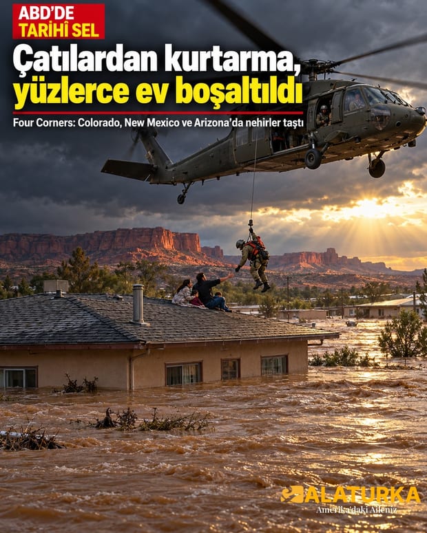 ABD'nin güneybatısında Four Corners selinde çatıda mahsur kalan aileyi helikopterle kurtarma