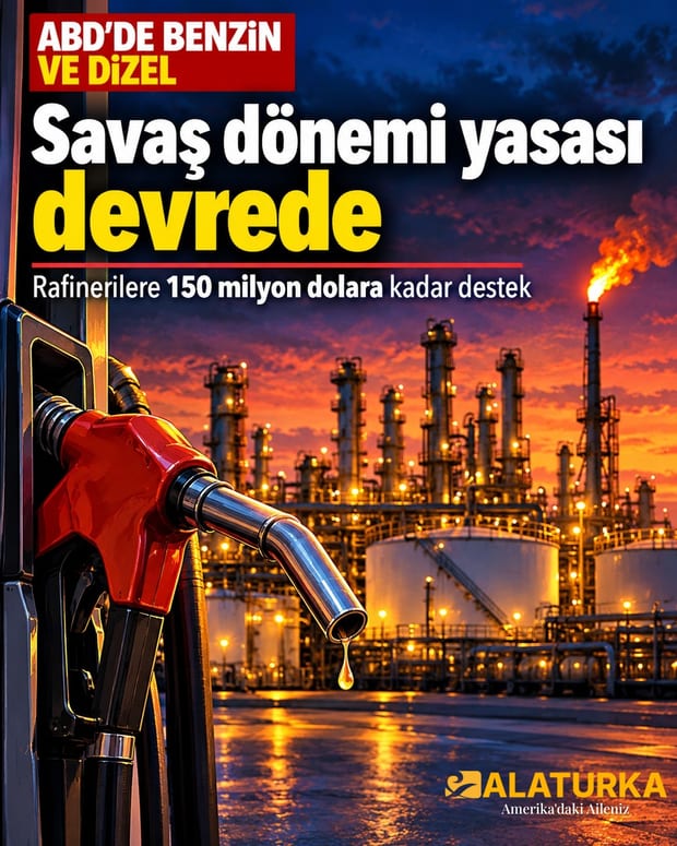 ABD'de gece ışıklandırılmış petrol rafinerisi ve önde benzin pompası tabancası