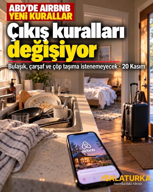 ABD'de bir Airbnb evinde lavaboda kirli bulaşıklar, yatak ve kapı yanında valiz