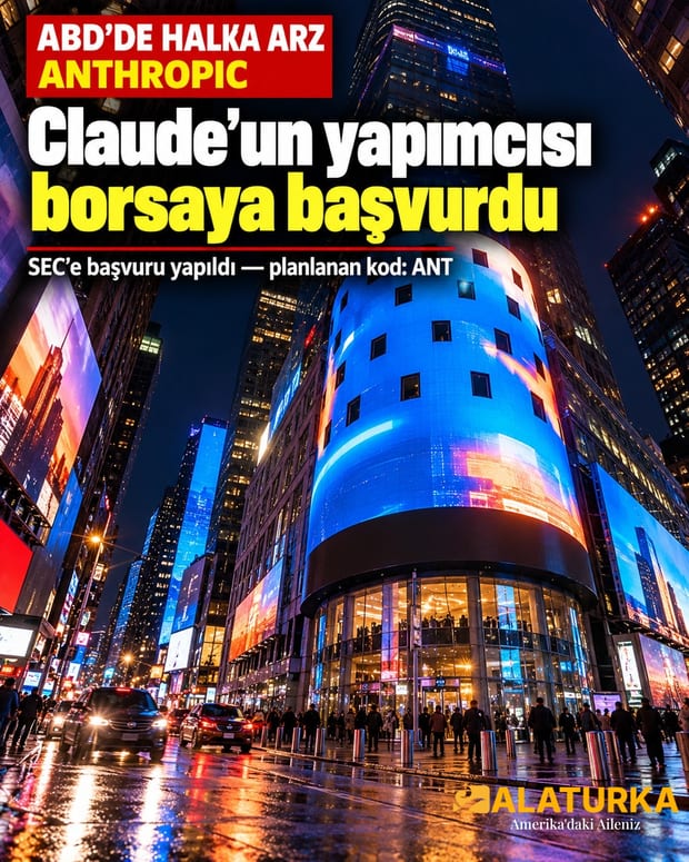 New York Times Meydanı'nda Nasdaq binası gece; Claude'un yapımcısı Anthropic halka arz için başvurdu