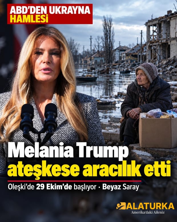 ABD First Lady'si Melania Trump ve Ukrayna'nın sular altındaki Oleşki kentinde yardım kolisiyle bekleyen yaşlı bir kadın