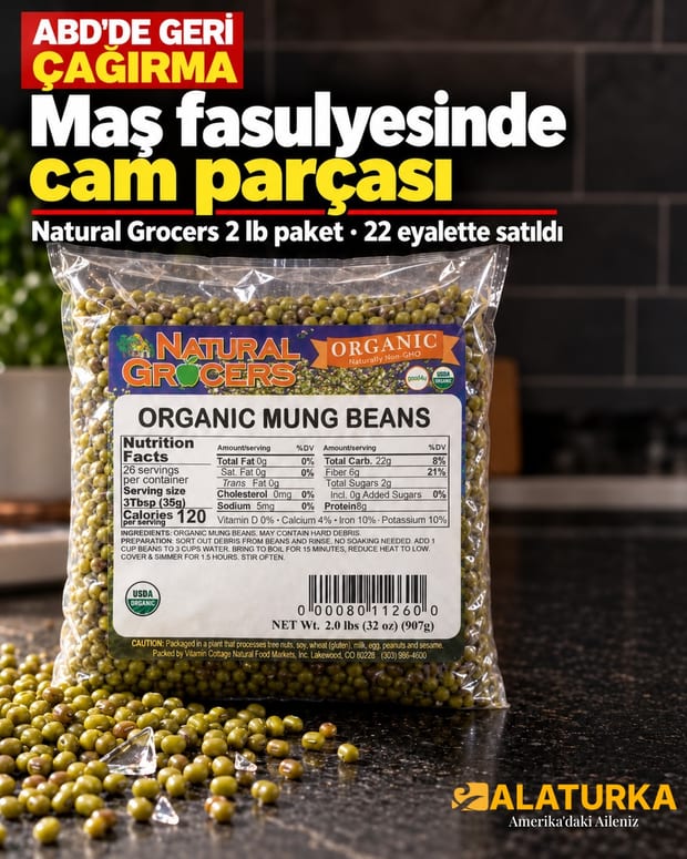 ABD'de geri çağrılan Natural Grocers organik maş fasulyesi paketi ve yanında cam parçaları