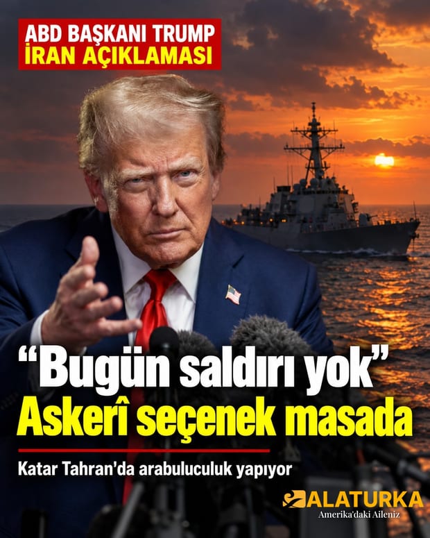 ABD Başkanı Donald Trump İran açıklaması yaparken, arka planda Körfez'de bir ABD savaş gemisi