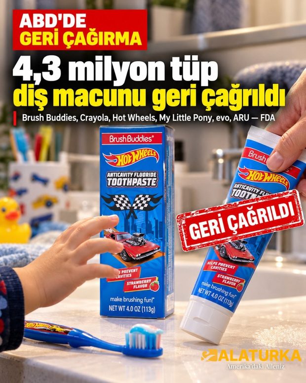 Geri çağrılan Brush Buddies Hot Wheels diş macunu kutusu ve tüpü banyo tezgâhında