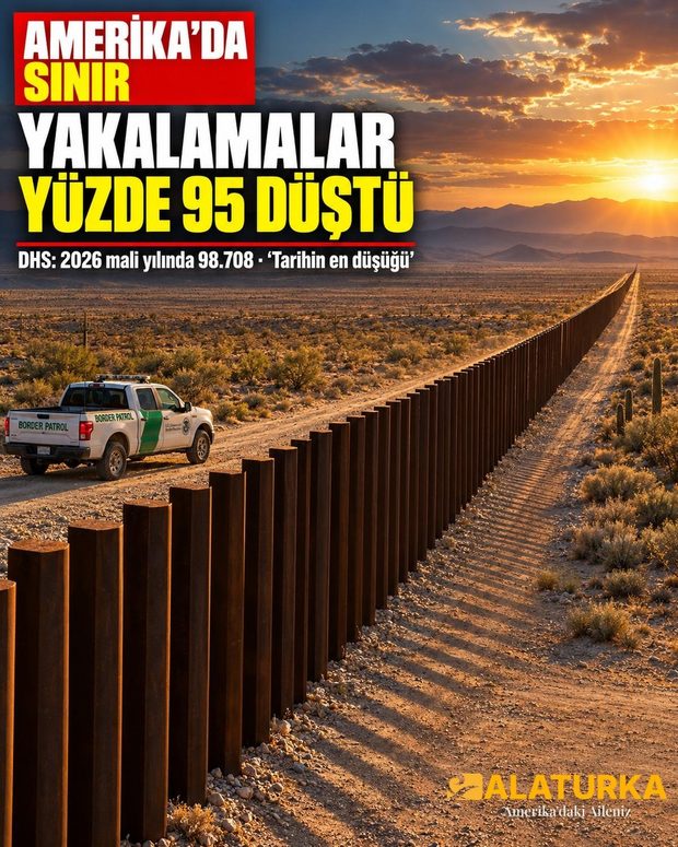 Arizona çölünde ABD-Meksika sınır duvarı ve yanında park etmiş Sınır Devriyesi aracı