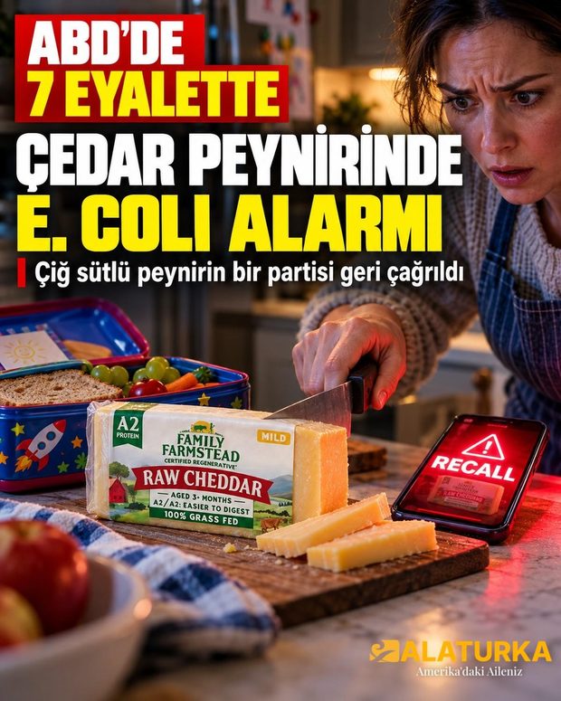 Mutfakta Family Farmstead çiğ çedar peynirini kesen kadın, yanında çocuk beslenme kutusu ve geri çağırma uyarısı gösteren telefon