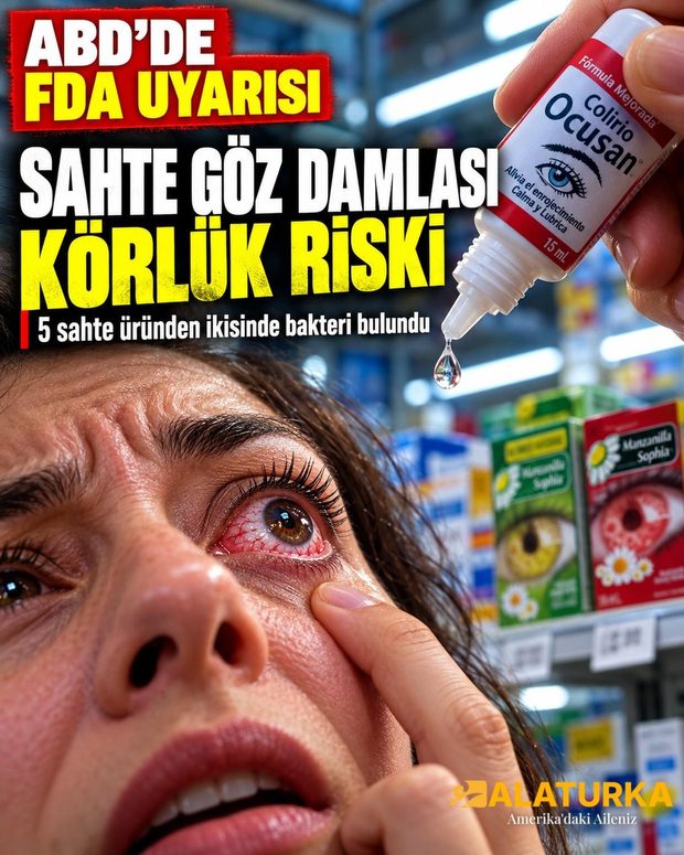 Kızarmış gözüne Ocusan göz damlası damlatan kadın, arkada eczane rafında Manzanilla Sophia kutuları
