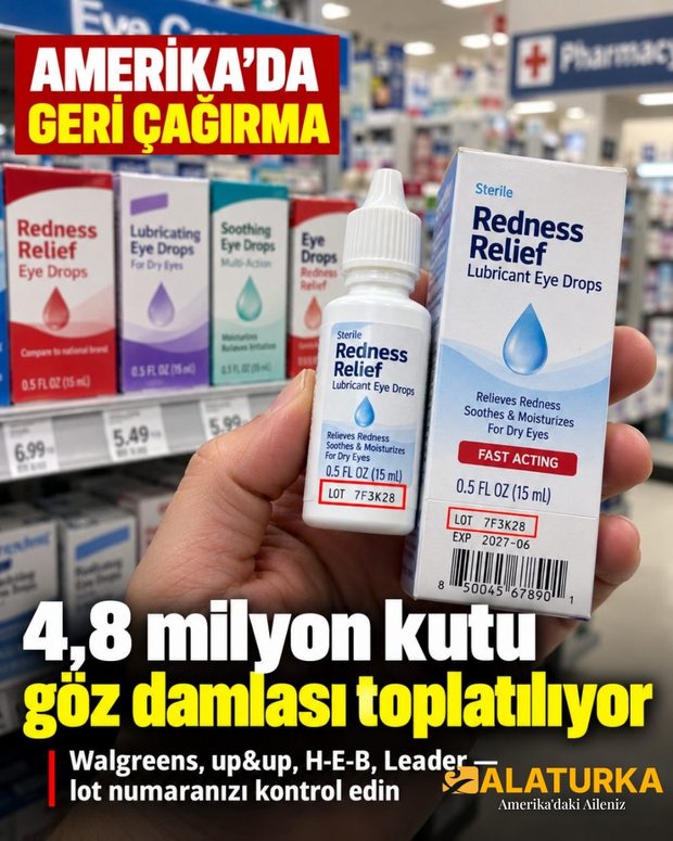 Eczane rafında yan yana dizilmiş reçetesiz göz damlası kutuları