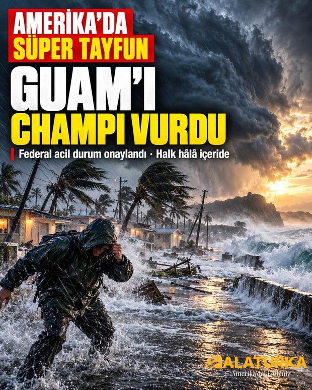 Guam kıyısında süper tayfun Champi: rüzgârla bükülen palmiyeler ve kıyı yolunu basan dalgalar