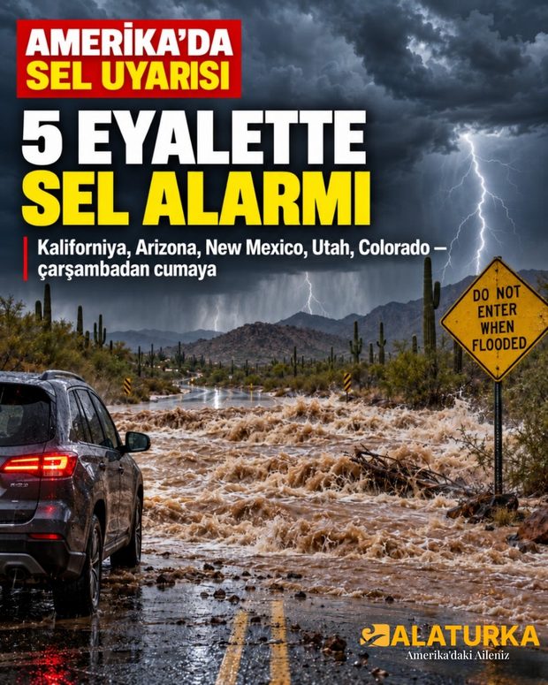 Arizona çölünde sağanak sonrası sel suyuyla dolan kuru dere yatağı ve yol uyarı tabelası