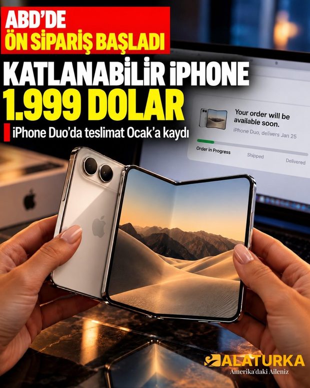 İki elle açılan beyaz katlanabilir iPhone Duo ve arkada teslim tarihini gösteren sipariş ekranı