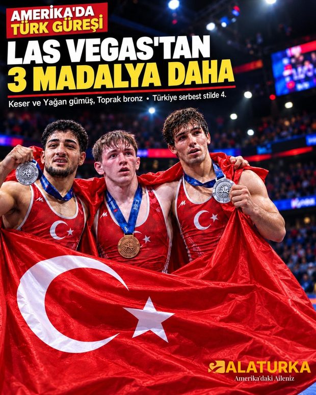 Las Vegas'taki U23 Dünya Güreş Şampiyonası'nda Türk bayrağıyla madalyalarını gösteren Türk güreşçiler