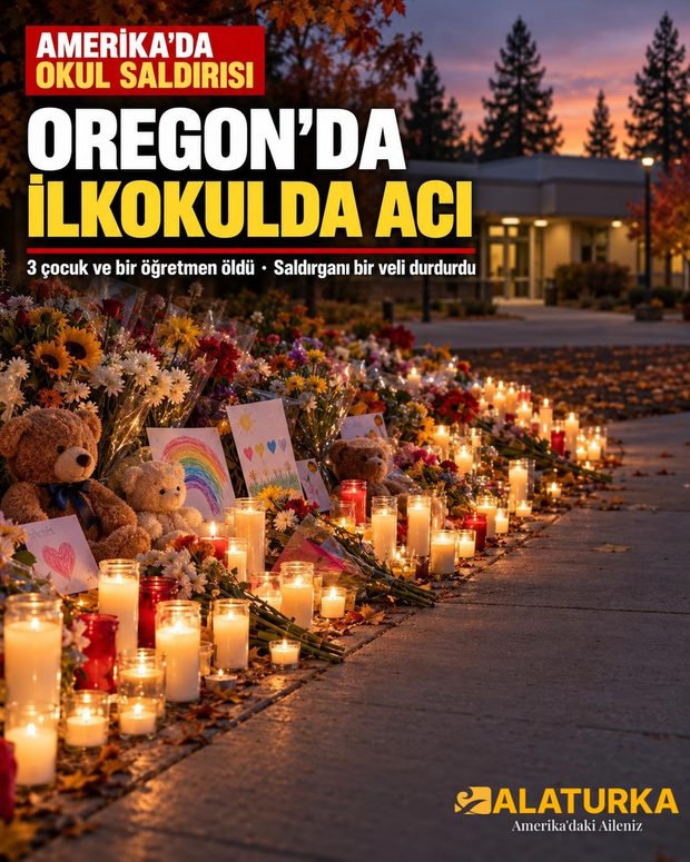 Bend, Oregon'da ilkokul önünde mumlar, çiçekler ve oyuncak ayılarla oluşturulan anma köşesi