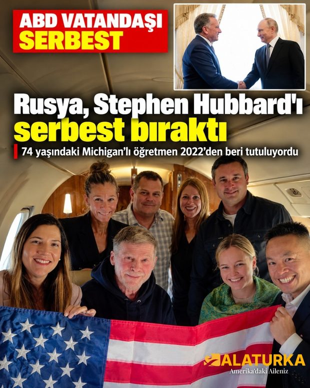 Serbest bırakılan Stephen Hubbard ABD'li yetkililerle uçakta, köşede Witkoff ve Putin el sıkışıyor