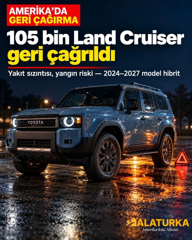 Gece ıslak asfaltta Toyota Land Cruiser hibrit, yanında uyarı üçgeni ve yakıt birikintisi