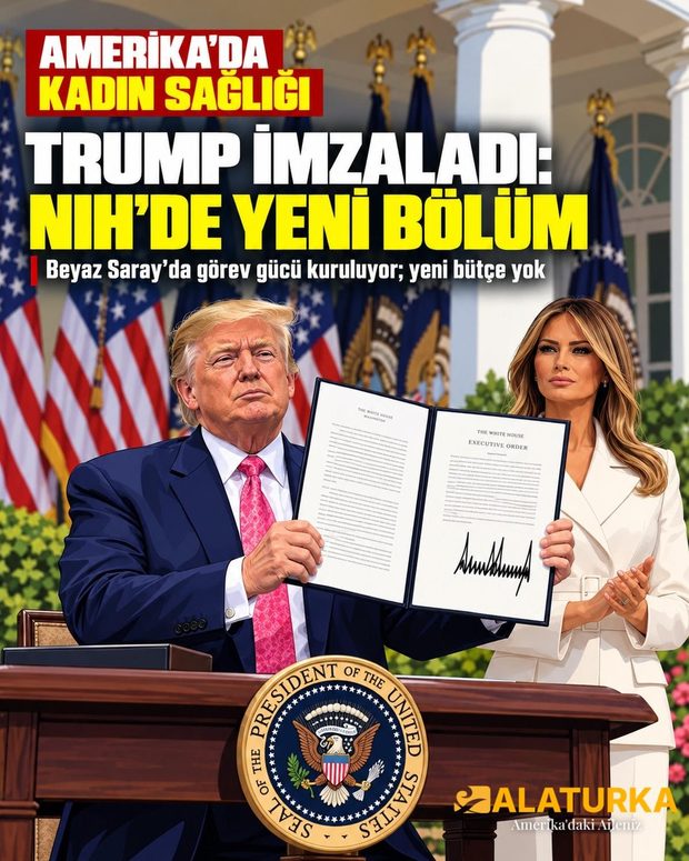 Beyaz Saray Gül Bahçesi'nde imzalı kadın sağlığı kararnamesini gösteren Başkan Trump ve yanında Melania Trump