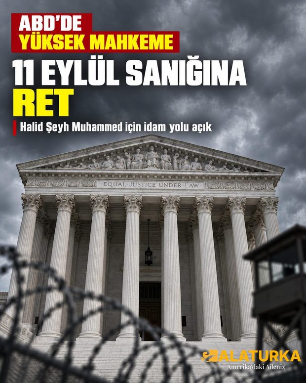 Bulutlu gökyüzü altında ABD Yüksek Mahkemesi binası, önde dikenli tel ve gözetleme kulesi
