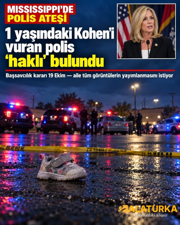 Polis şeridi önünde ıslak asfaltta tek bir çocuk ayakkabısı, arkada polis araçları; köşede Başsavcı Lynn Fitch