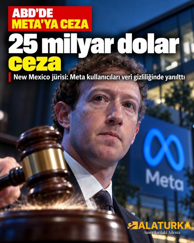 Meta CEO'su Mark Zuckerberg, önde hakim tokmağı, arkada Meta tabelası
