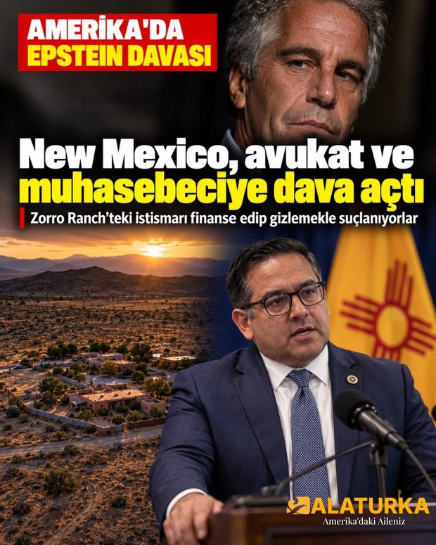 Jeffrey Epstein, New Mexico Başsavcısı Raúl Torrez kürsüde ve Zorro Ranch'in havadan görünümü