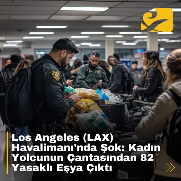 LAX Havalimanı'nda bir kadın yolcunun çantasında 82 yasaklı eşya bulundu.