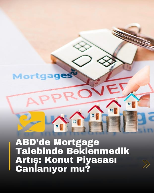 ABD konut piyasasında mortgage başvurularının artışını gösteren, ev ve finans temalı görsel