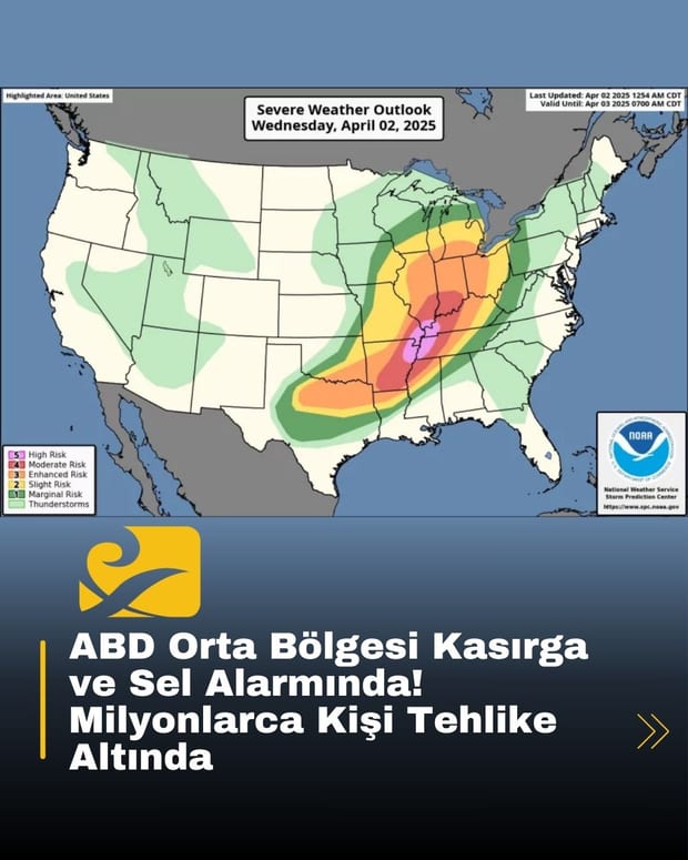 ABD’nin orta eyaletlerinde şiddetli kasırga ve sel riski alarmı verildi.