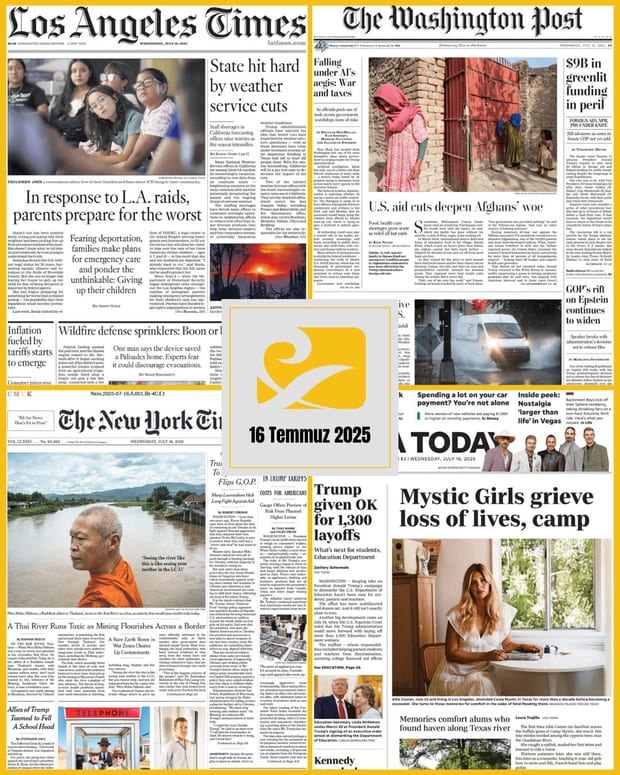 16 Temmuz 2025 tarihli ABD gazetelerinin birinci sayfalarını gösteren kolaj: USA Today, The New York Times, The Washington Post ve Los Angeles Times