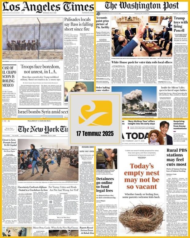 17 Temmuz 2025 tarihli ABD gazetelerinin birinci sayfalarını gösteren kolaj: USA Today, The New York Times, The Washington Post ve Los Angeles Times