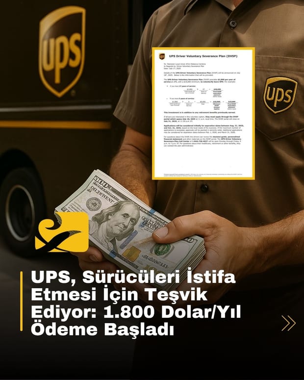 UPS, sürücüleri arasında gönüllü istifaları teşvik etmek için yeni bir program başlattı. 1.800 dolar/yıl hizmet süresi karşılığı ödeme yapılacak