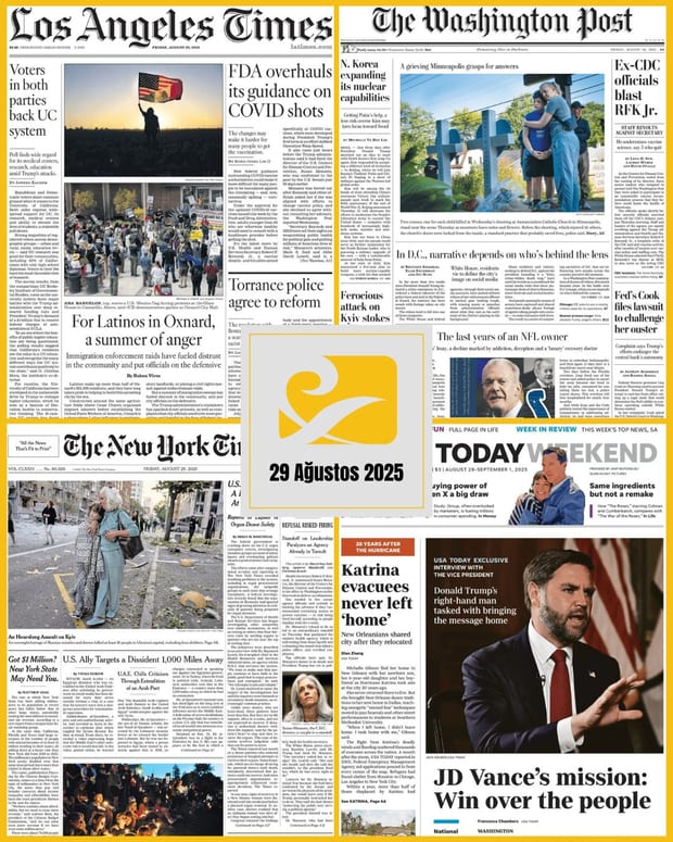 29 Ağustos 2025 tarihli ABD gazetelerinin birinci sayfalarını gösteren kolaj: USA Today, The New York Times, The Washington Post ve Los Angeles Times