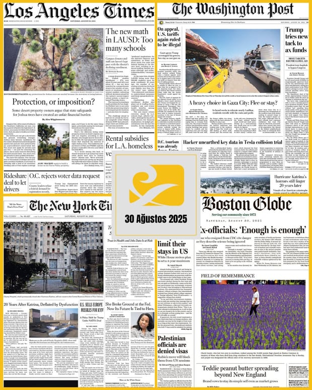30 Ağustos 2025 tarihli ABD gazetelerinin birinci sayfalarını gösteren kolaj: The Boston Globe, The New York Times, The Washington Post ve Los Angeles Times
