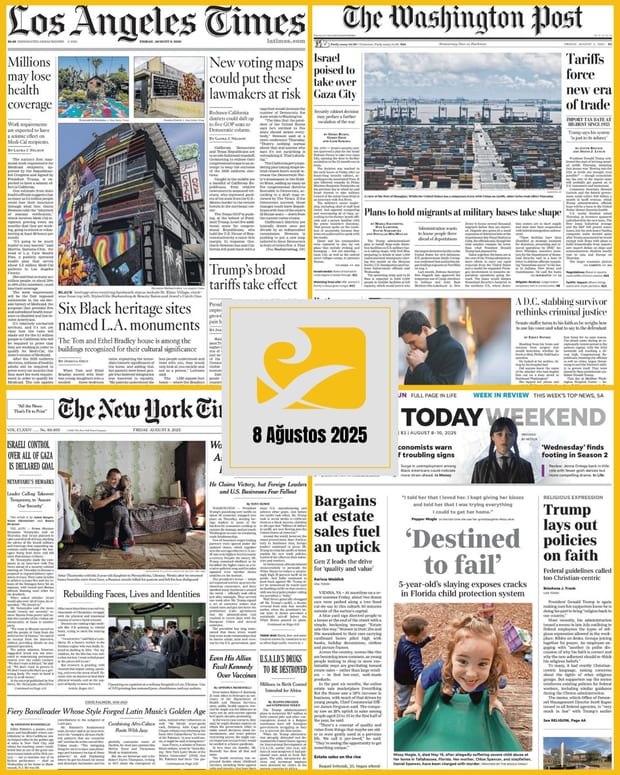 8 Ağustos 2025 tarihli ABD gazetelerinin birinci sayfalarını gösteren kolaj: USA Today, The New York Times, The Washington Post ve Los Angeles Times