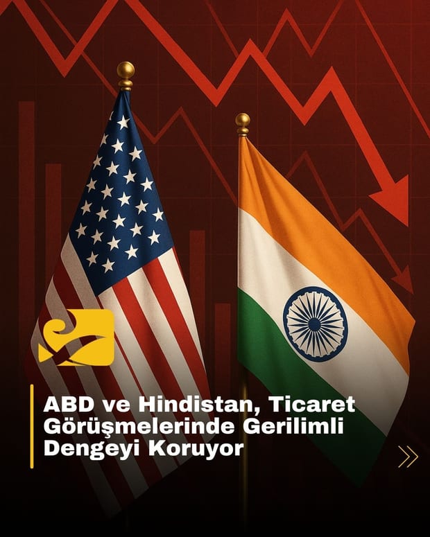 ABD ve Hindistan bayrakları yan yana; arka planda ticaret anlaşmazlığını simgeleyen kırmızı oklar