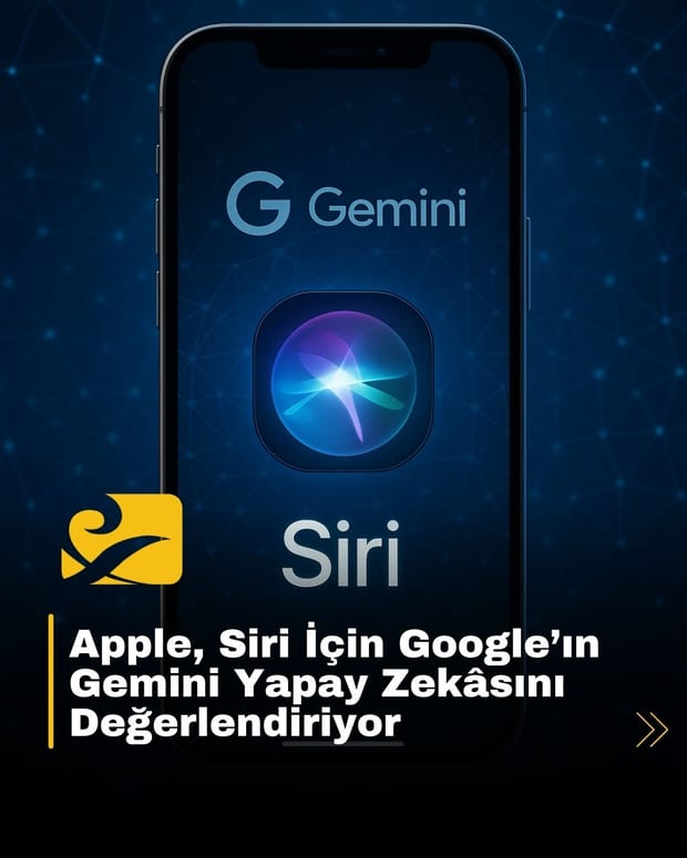 iPhone ekranında Siri simgesi, arka planda Google Gemini logosu ve yapay zekâ ağ görselleştirmesi