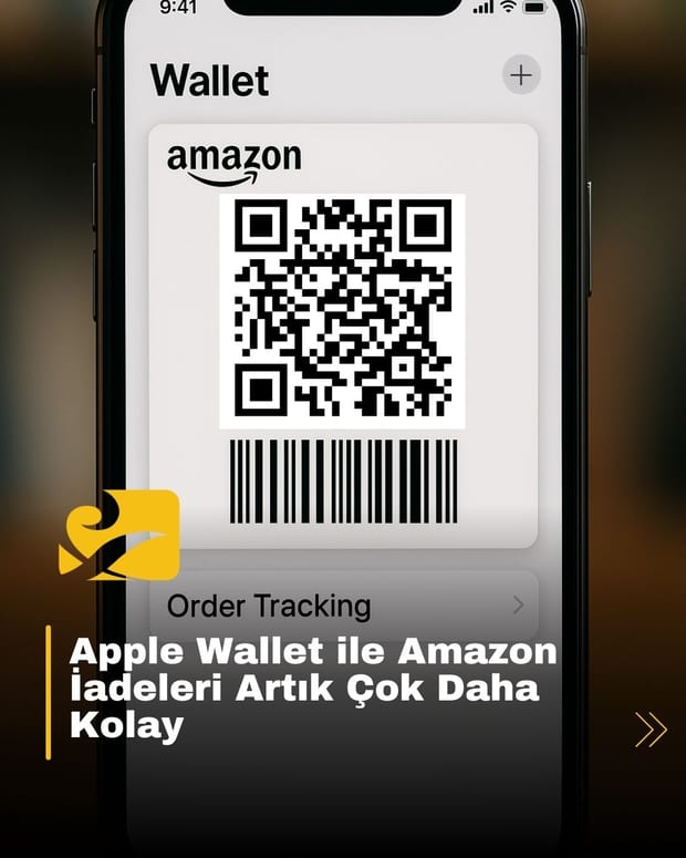 Apple Wallet uygulamasında görülen Amazon iade kodu ve sipariş takibi ekranı
