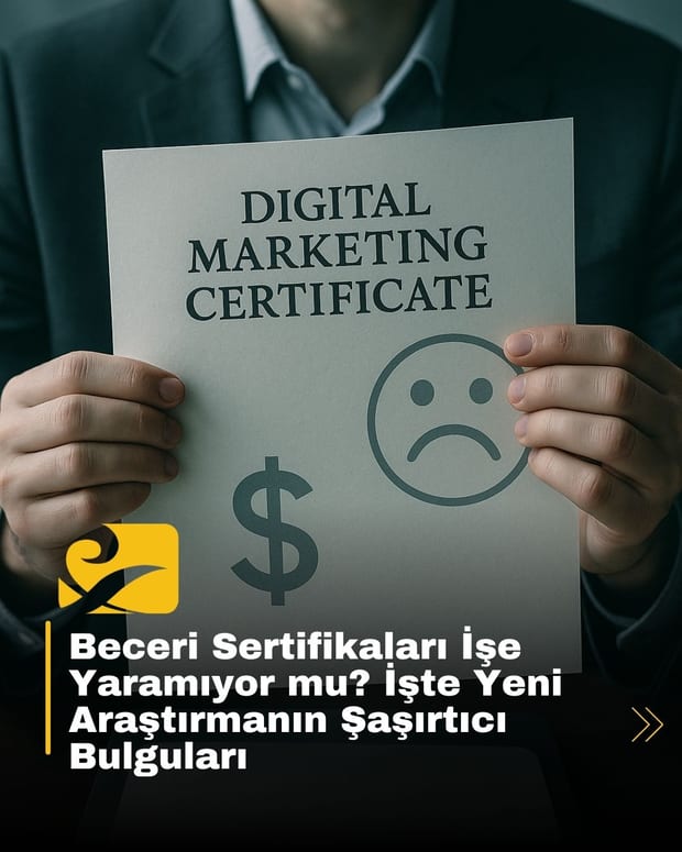 İki el arasında bir sertifikanın yırtıldığını gösteren bir görsel. Yırtılan sertifikanın bir yanında dolar işaretleri, diğer yanında ise soru işareti var. Görsel, beceri sertifikalarının para kazanma potansiyelindeki hayal kırıklığını simgeliyor.