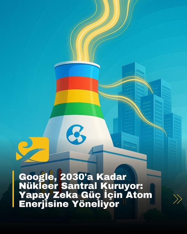 Google'ın logosunu taşıyan, fütüristik görünümlü bir nükleer santralin illüstrasyonu. Santralden çıkan enerji dalgaları, uzaktaki bir veri merkezine doğru ilerliyor. Görsel, Google'ın nükleer santral projesini ve yapay zeka ile olan bağlantısını simgeliyor.