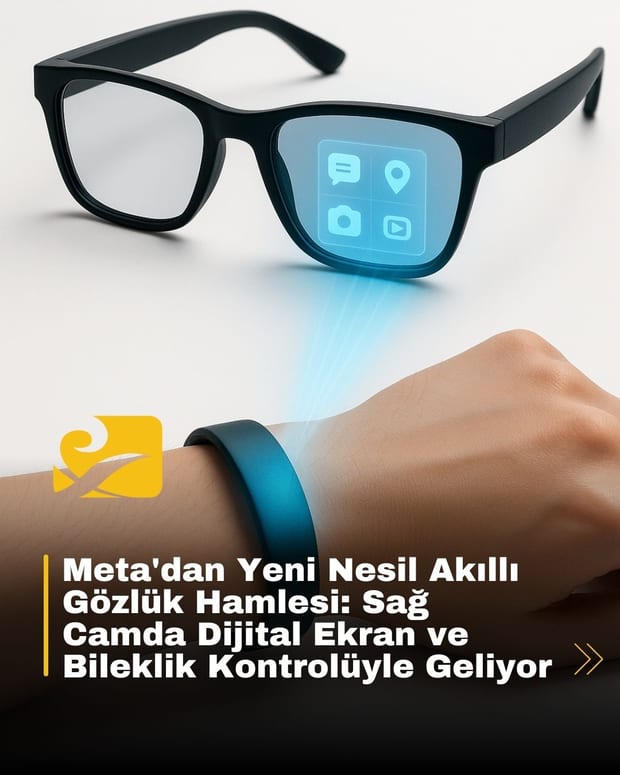 Meta’nın yeni akıllı gözlük tasarımı, sağ lensinde dijital ekran yansıtılmış modern bir konsept görsel.