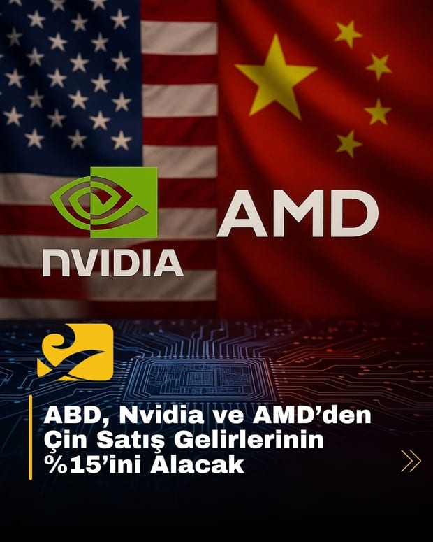 ABD ve Çin bayrakları önünde Nvidia ve AMD logoları, arka planda çip devreleri