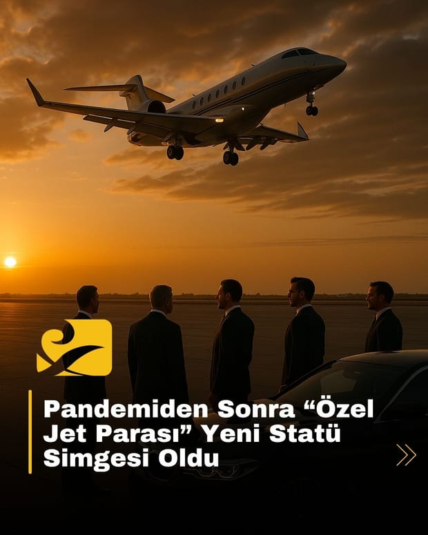 Gün batımında özel jetin önünde bekleyen lüks araçlar ve yolcular.