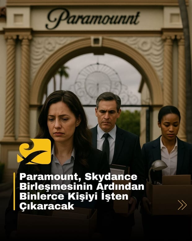 Paramount logosunun önünde yürüyen çalışanlar, arka planda işten çıkarmaları simgeleyen gri gölge