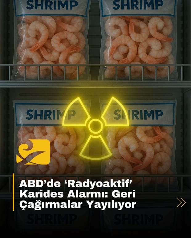 FDA tarafından geri çağrılan donmuş karides paketleri; uyarı işaretleri ve market rafı.